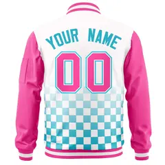 White Light Blue-Pink Grid Color Block Letterman Raglan Jacket 4
