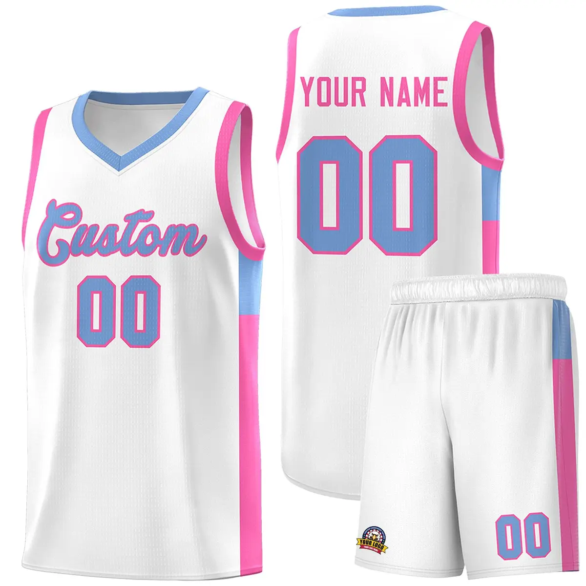 White Light Blue-Pink Side Two-Tone Basketball Jersey
