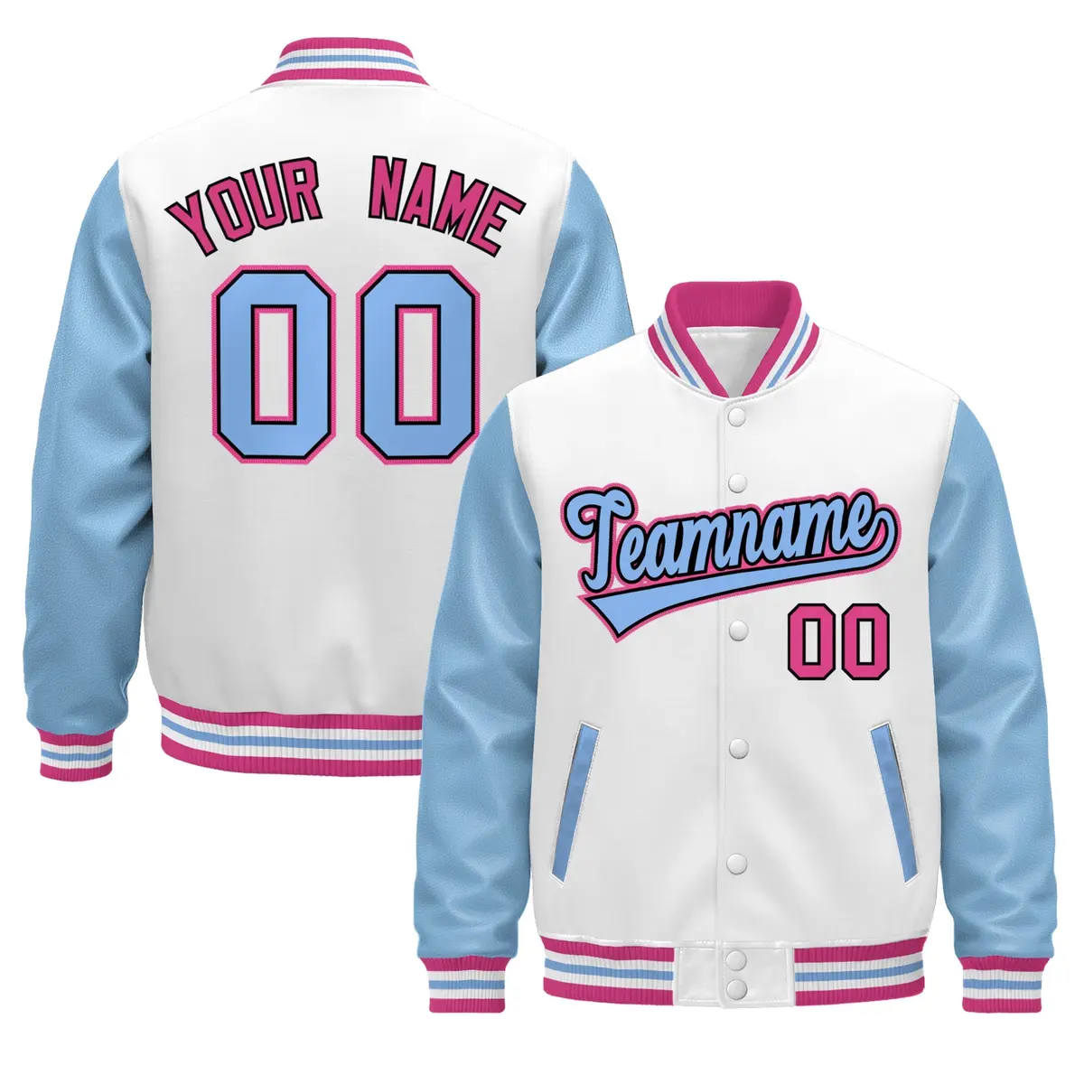 White Light Blue Pink Varsity Full-Snap Letterman Jacket