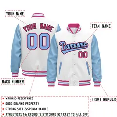 White Light Blue Pink Varsity Full-Snap Letterman Jacket 2
