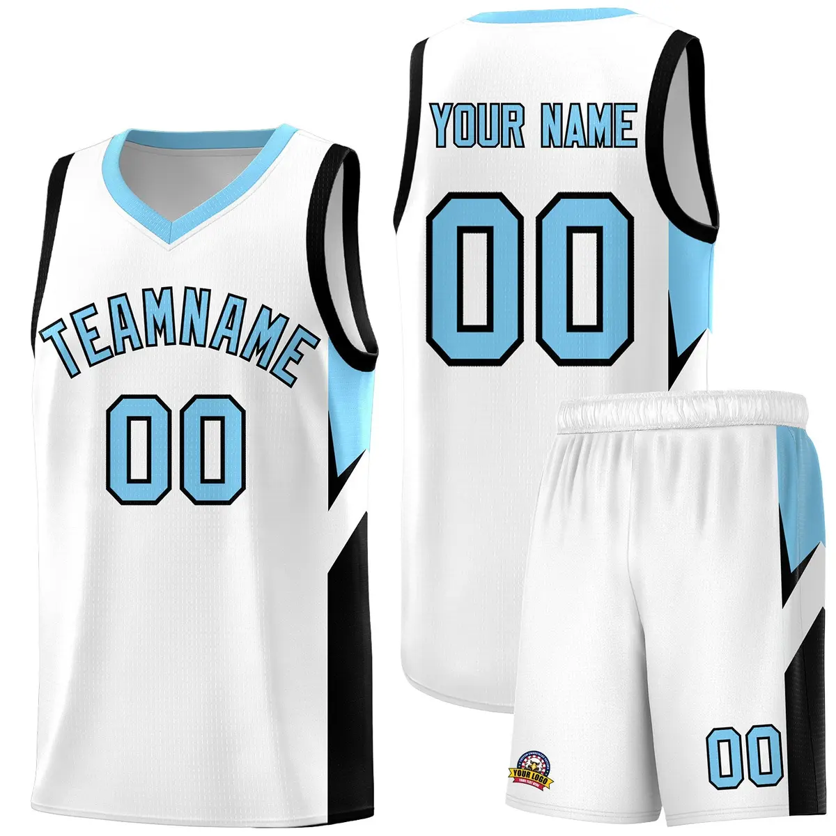 White Light Blue Side Design Basketball Jersey
