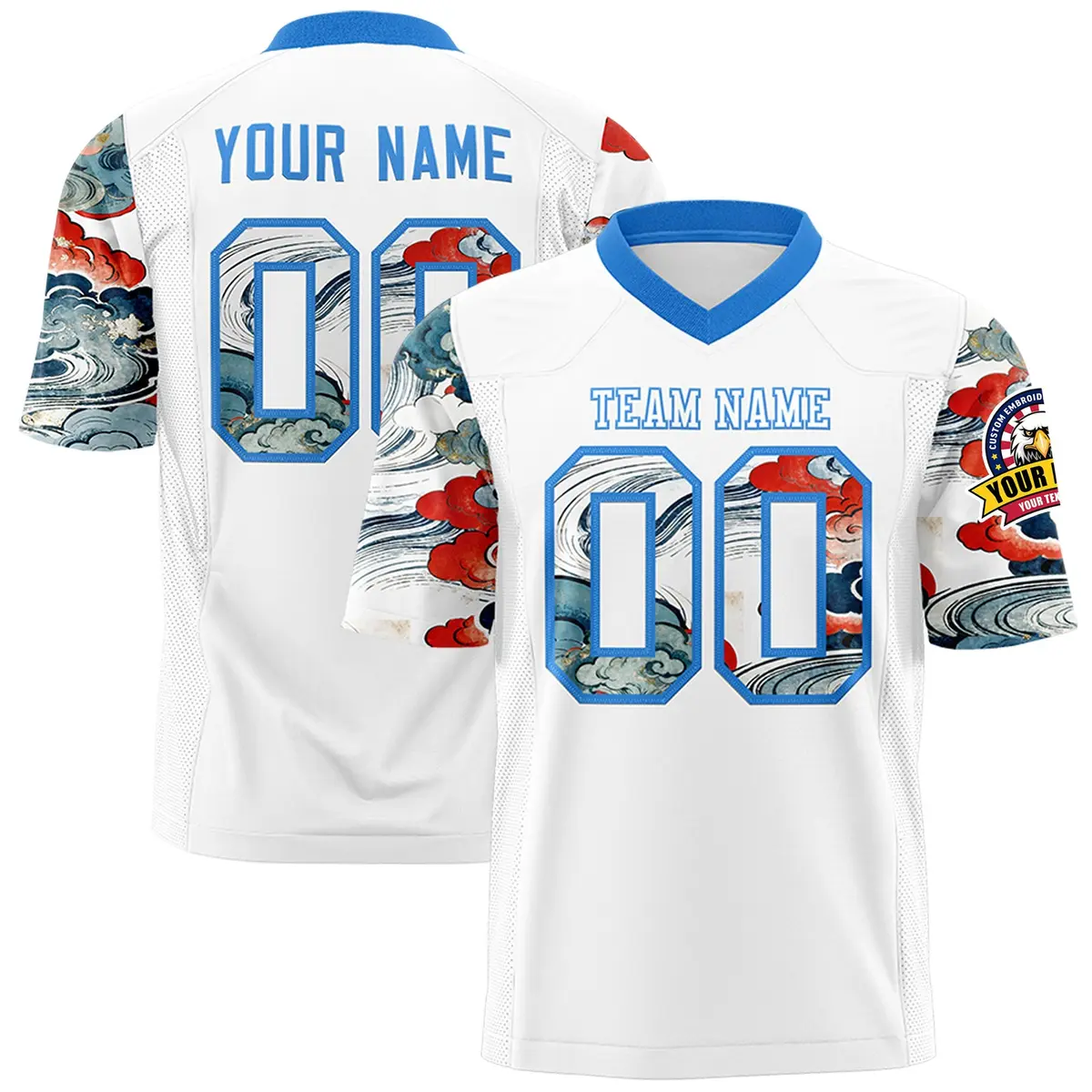 White Light Blue Sleeve Ukiyo-e Auspicious Clouds Graffiti Football Jersey