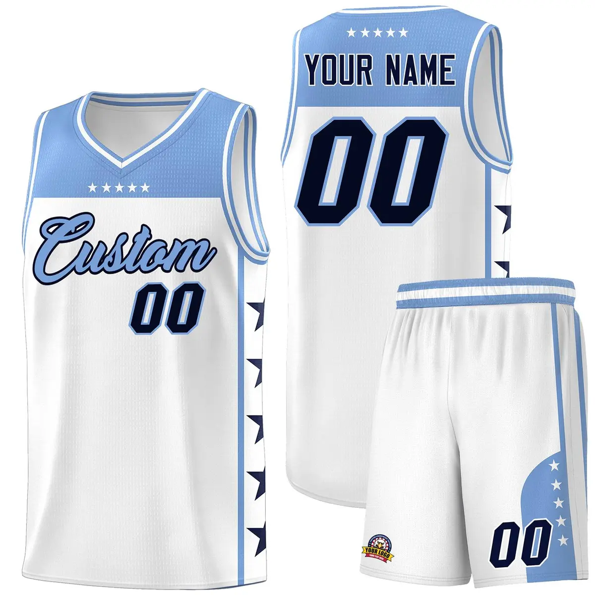 White Light Blue Star Pattern Team Basketball Jersey