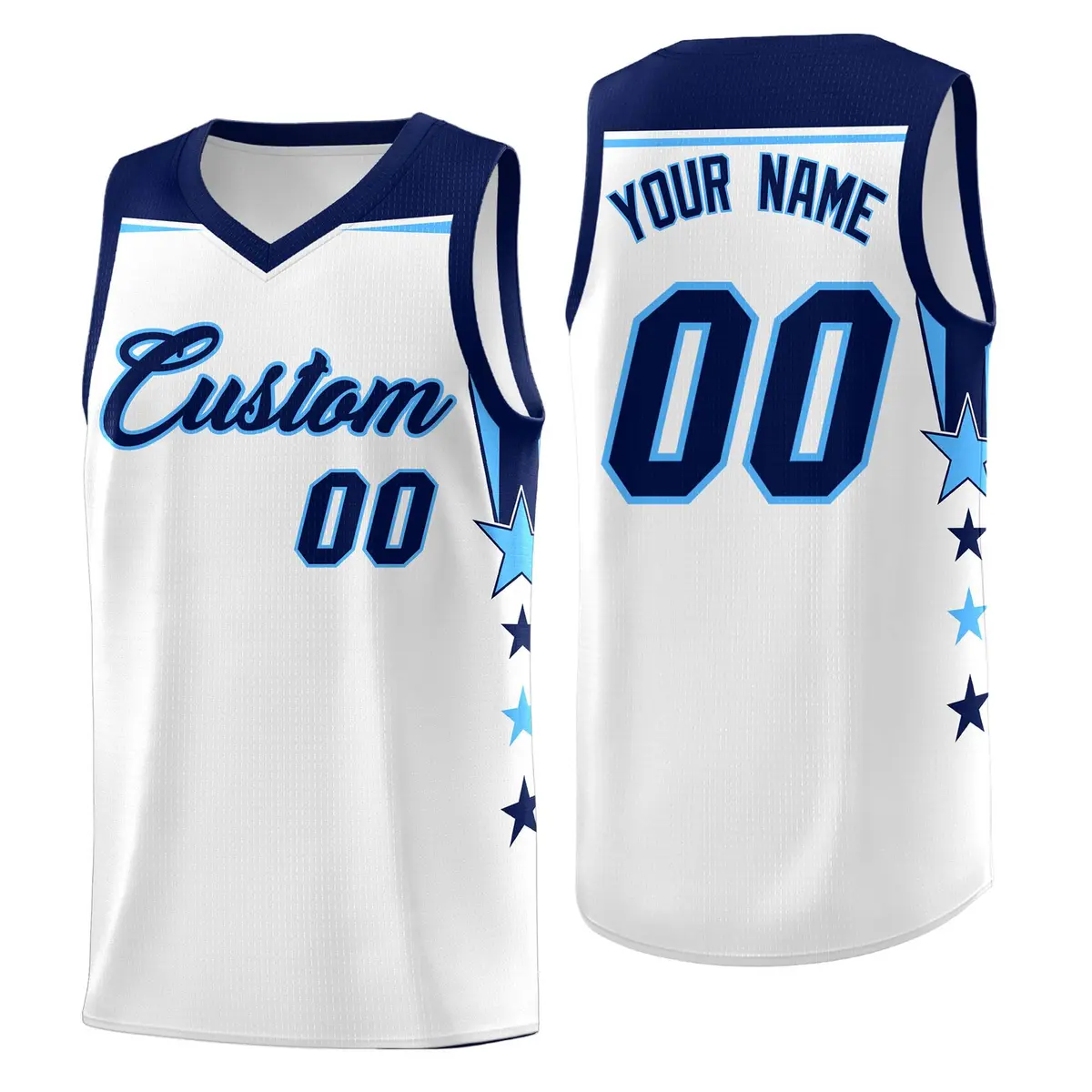 White Light Blue Two Tone Side Star Color Block Basketball Jersey