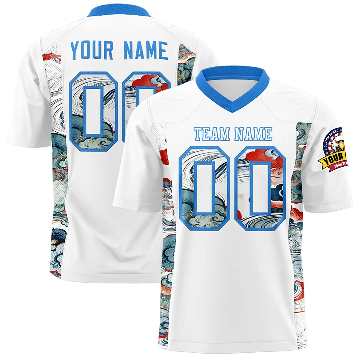 White Light Blue Ukiyo-e Auspicious Clouds Graffiti Football Jersey