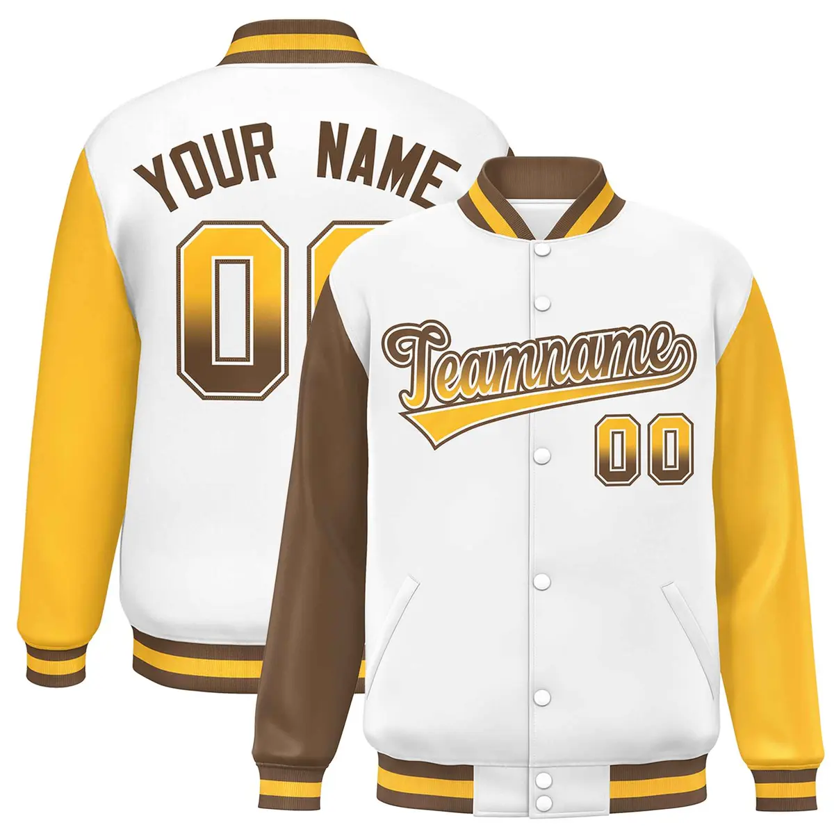 White Light Brown-Gold Raglan Varsity Letterman Baseball Jacket