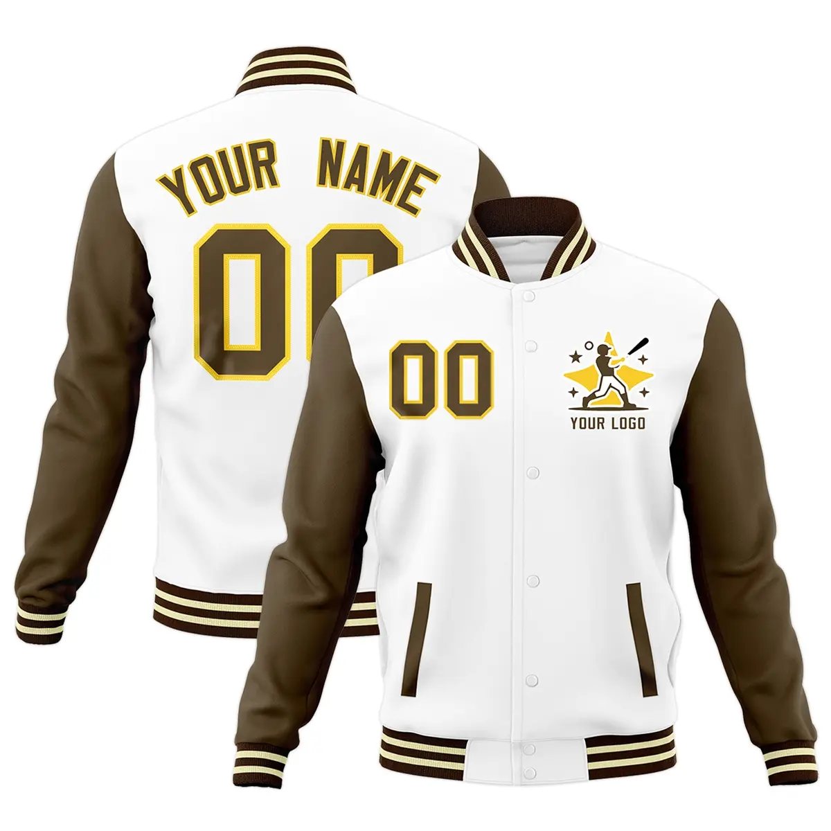 White Light Brown Raglan Sleeves Full-Snap Letterman Cotton Jacket
