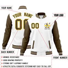 White Light Brown Raglan Sleeves Full-Snap Letterman Cotton Jacket 2