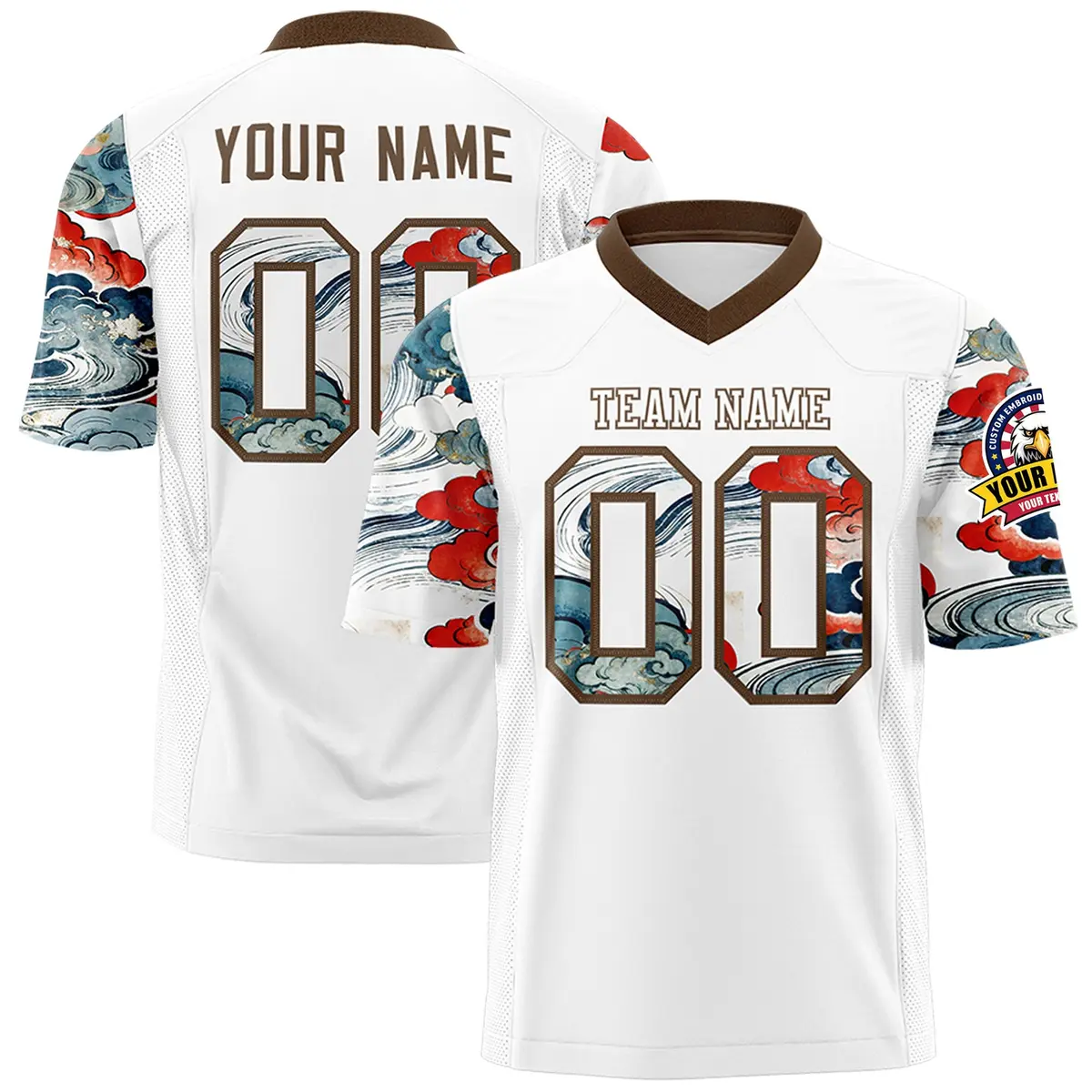 White Light Brown Sleeve Ukiyo-e Auspicious Clouds Graffiti Football Jersey