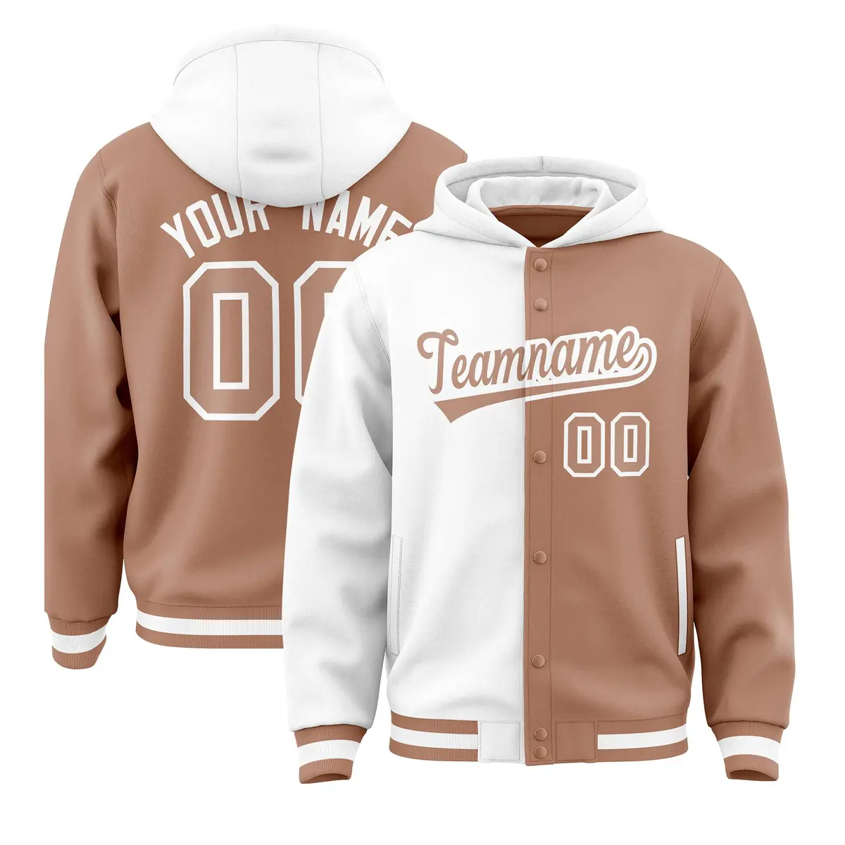 White Light Brown Two Tone Split Varsity Letterman Jacket Hoodie