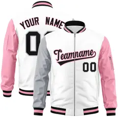 White Light Pink-Gray Full-Zip Raglan Varsity Letterman Bomber Jacket