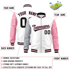White Light Pink-Gray Full-Zip Raglan Varsity Letterman Bomber Jacket 2