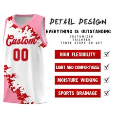 White Light Pink-Red Sparkle Print Basketball Kits 2