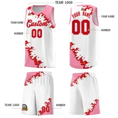 White Light Pink-Red Sparkle Print Basketball Kits 5