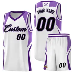 White Light Purple and Purple Color Block Basketball Jersey