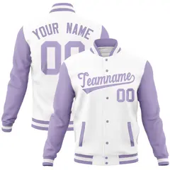 White Light Purple Full-Snap Raglan Varsity Letterman Baseball Jacket
