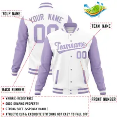 White Light Purple Full-Snap Raglan Varsity Letterman Baseball Jacket 4