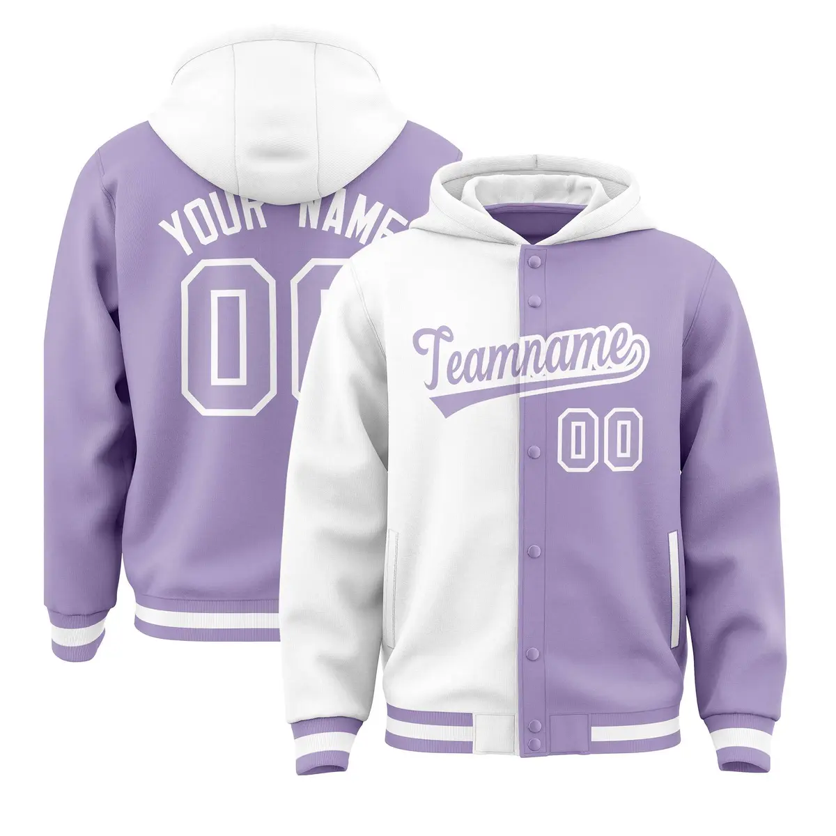 White Light Purple Two Tone Full-Snap Varsity Letterman Hoodie Jacket