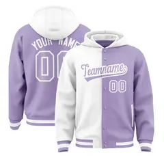 White Light Purple Two Tone Full-Snap Varsity Letterman Hoodie Jacket
