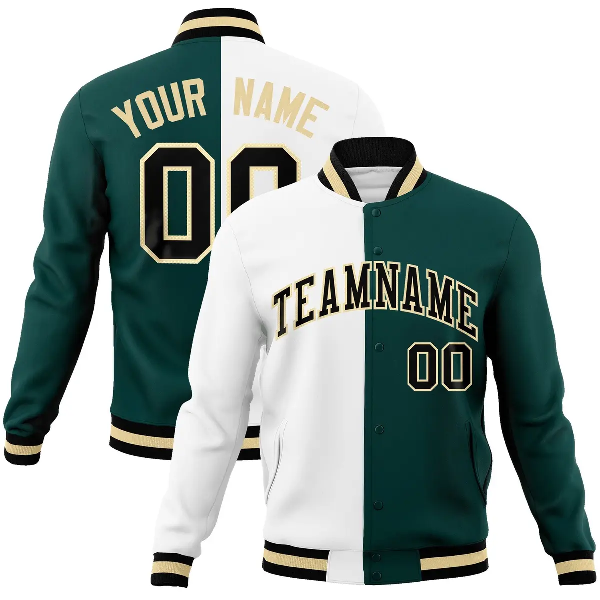 White Midnight Green-Black Two Tone Split Varsity Letterman Jacket