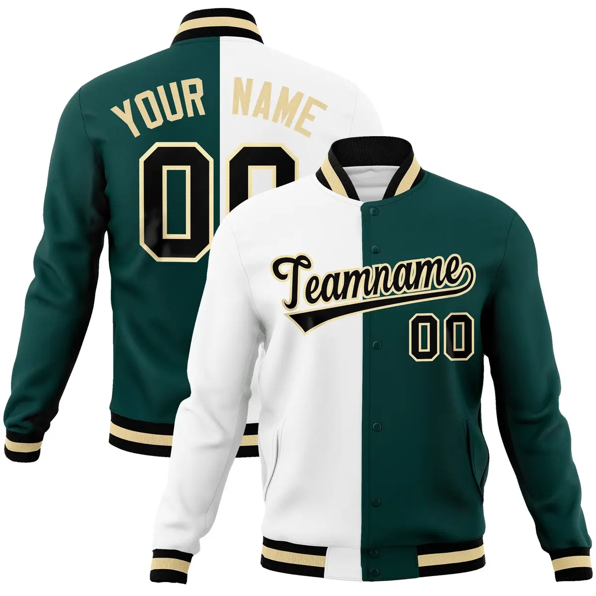 White Midnight Green-Black Two Tone Split Varsity Letterman Jacket