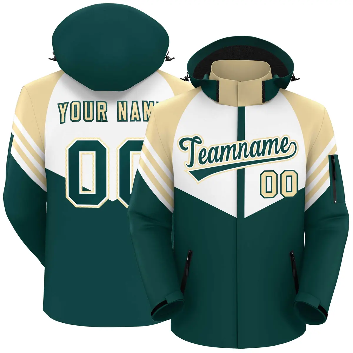 White Midnight Green-Cream Color Block Hooded Waterproof Jacket