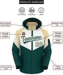 White Midnight Green-Cream Color Block Hooded Waterproof Jacket 2