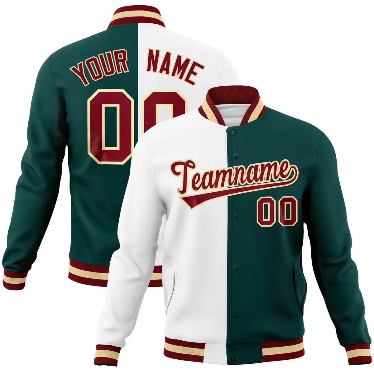 White Midnight Green-Crimson Two Tone Split Varsity Letterman Jacket