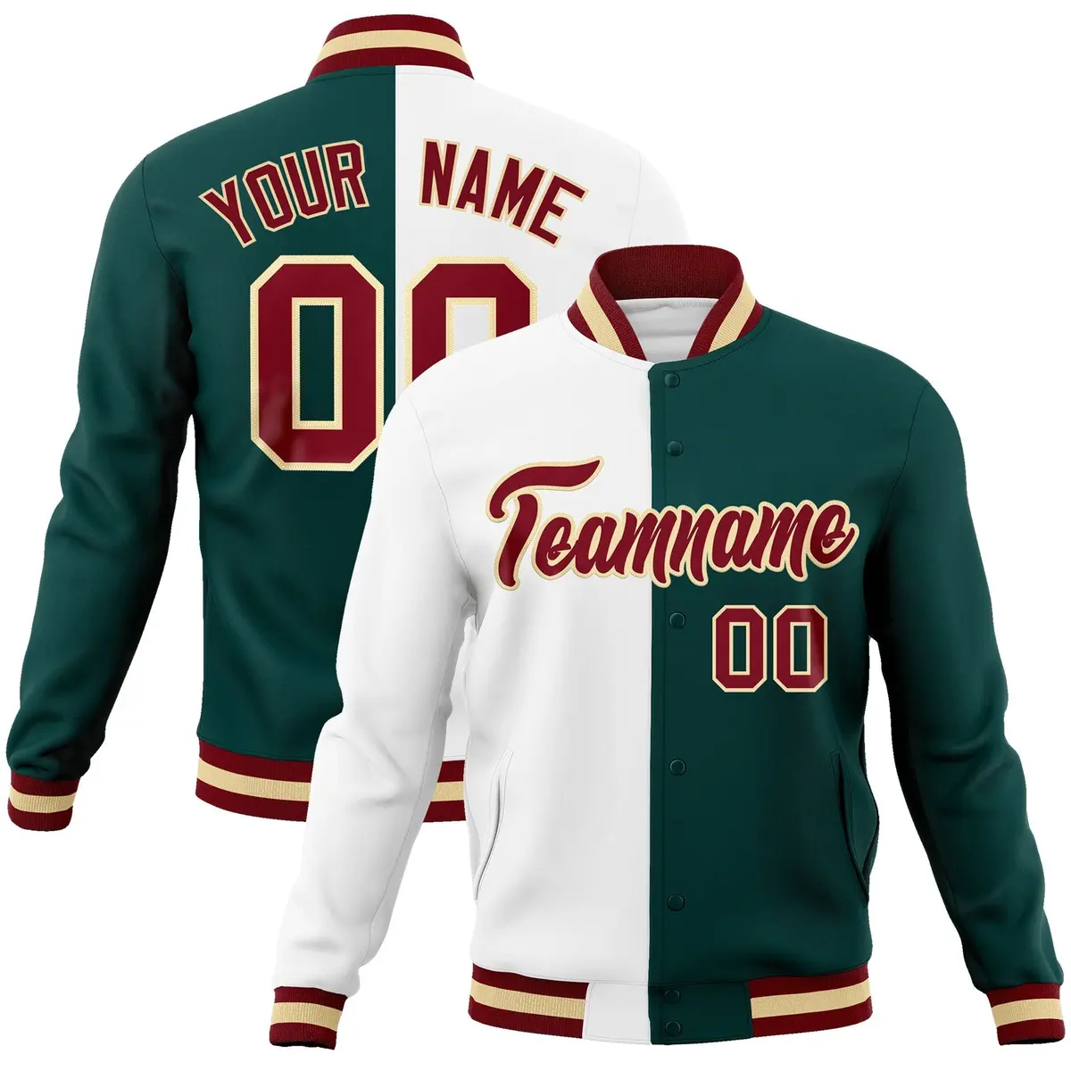 White Midnight Green-Crimson Two Tone Split Varsity Letterman Jacket