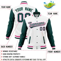 White Midnight Green Full-Snap Raglan Varsity Letterman Baseball Jacket 4