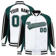 White Midnight Green Raglan Color Block Varsity Letterman Jacket