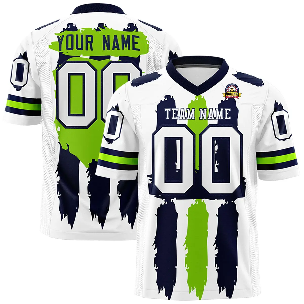 White Navy and Neon Green Graffiti Flag Football Jersey