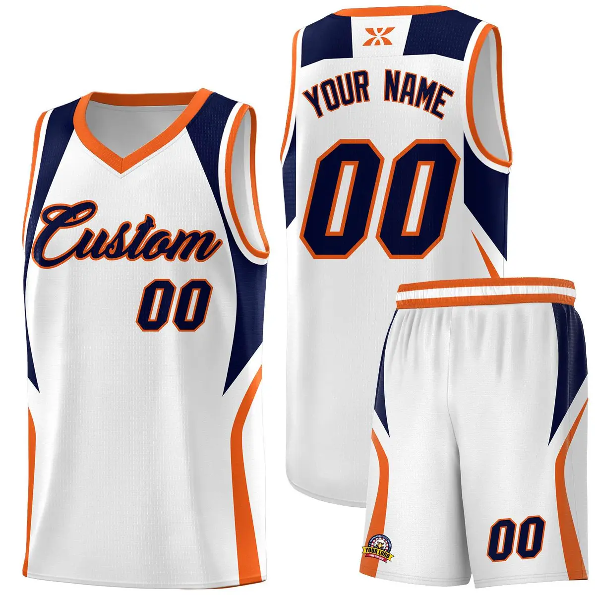 White Navy and Orange Color Block Basketball Uniform Jersey