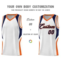 White Navy and Orange Color Block Basketball Uniform Jersey 3