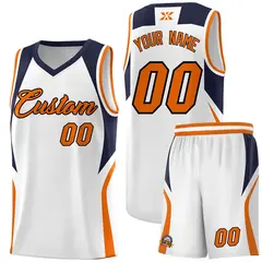 White Navy and Orange Color Block Basketball Uniform Jersey 1