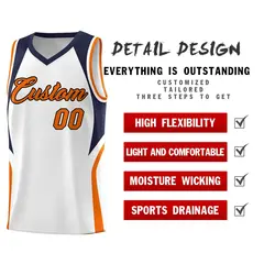 White Navy and Orange Color Block Basketball Uniform Jersey 2