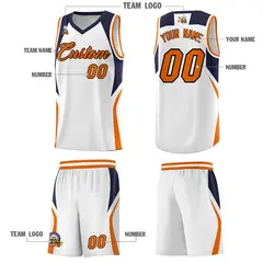 White Navy and Orange Color Block Basketball Uniform Jersey 5