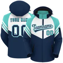 White Navy-Aqua Color Block Hooded Outdoor Waterproof Jacket 1