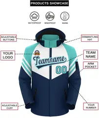 White Navy-Aqua Color Block Hooded Outdoor Waterproof Jacket 2