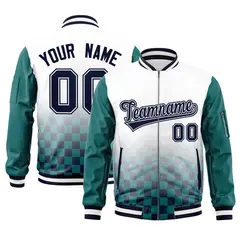 White Navy-Aqua Grid Color Block Letterman Raglan Full-Zip Varsity Jacket