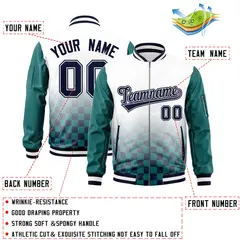 White Navy-Aqua Grid Color Block Letterman Raglan Full-Zip Varsity Jacket 2