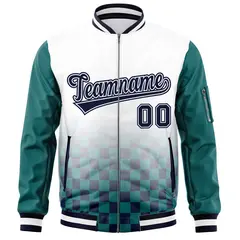 White Navy-Aqua Grid Color Block Letterman Raglan Full-Zip Varsity Jacket 3