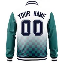 White Navy-Aqua Grid Color Block Letterman Raglan Full-Zip Varsity Jacket 4