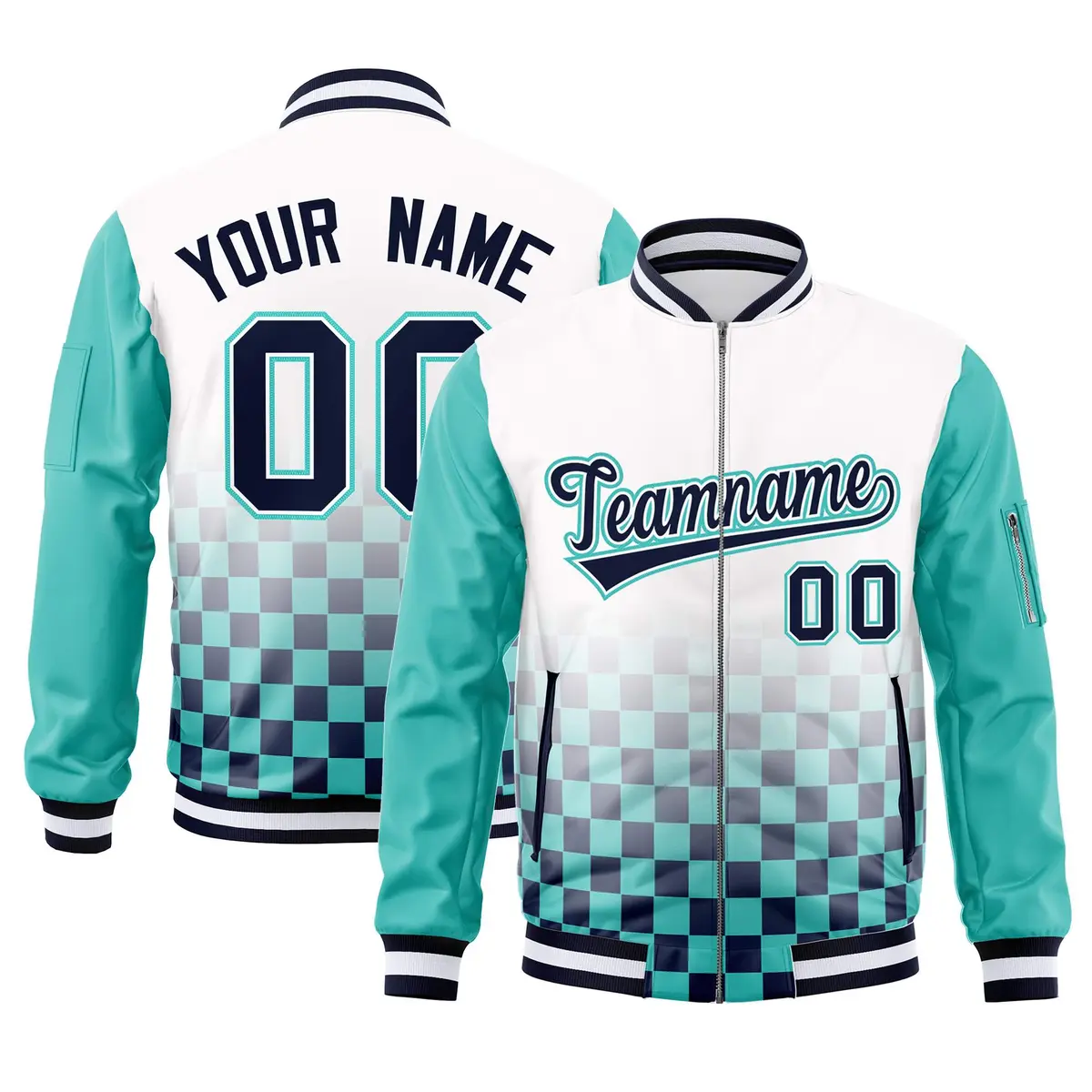 White Navy-Aqua Grid Color Block Letterman Raglan Full-Zip Varsity Jacket