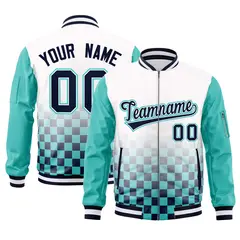 White Navy-Aqua Grid Color Block Letterman Raglan Full-Zip Varsity Jacket