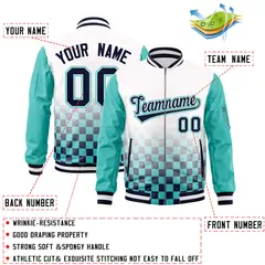 White Navy-Aqua Grid Color Block Letterman Raglan Full-Zip Varsity Jacket 2