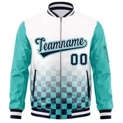 White Navy-Aqua Grid Color Block Letterman Raglan Full-Zip Varsity Jacket 3