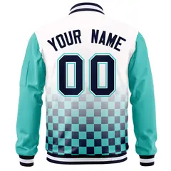 White Navy-Aqua Grid Color Block Letterman Raglan Full-Zip Varsity Jacket 4