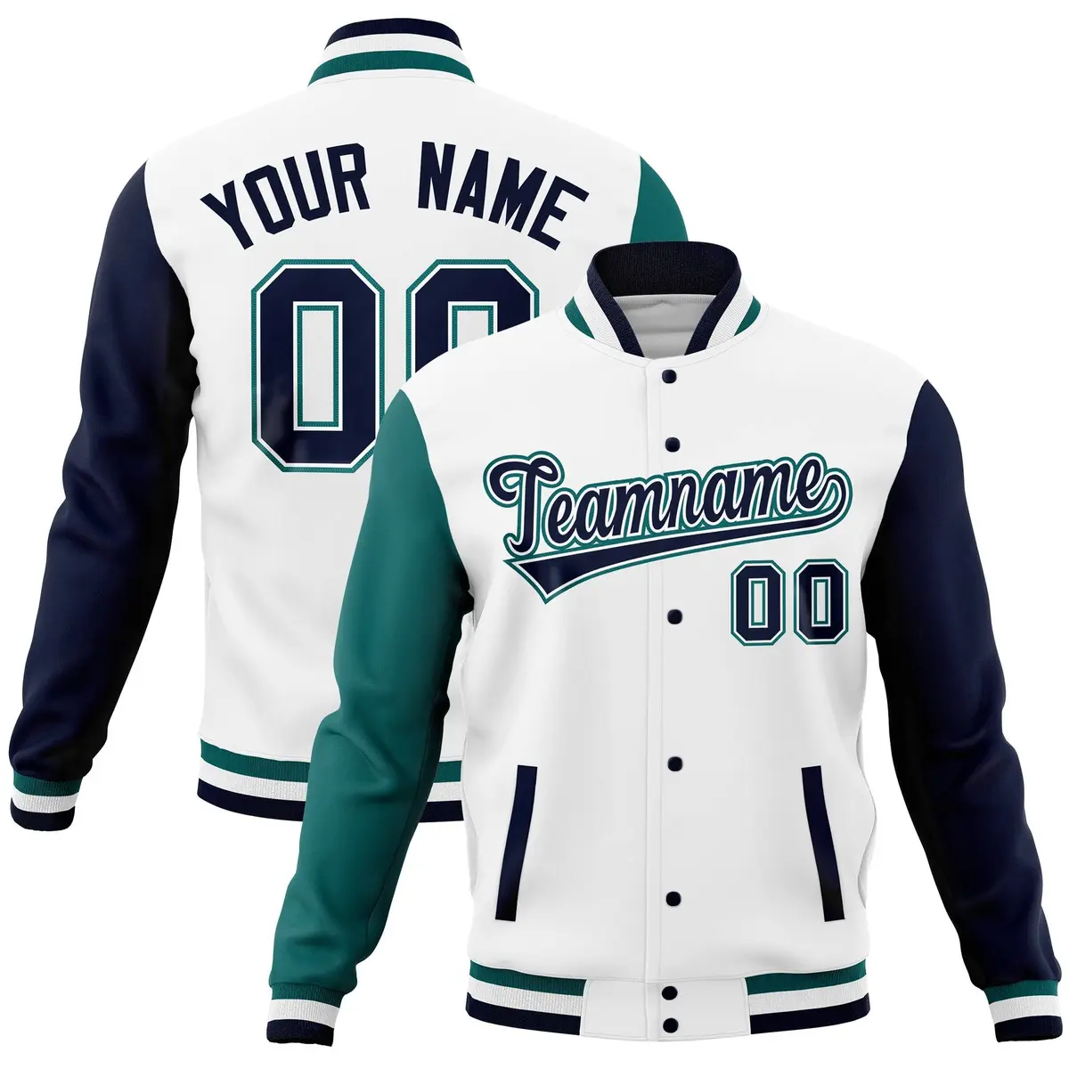 White Navy-Aqua Raglan Full-Snap Varsity Letterman Jacket