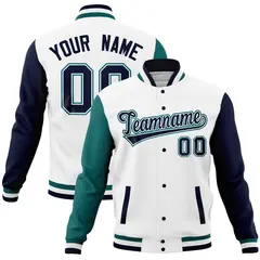White Navy-Aqua Raglan Full-Snap Varsity Letterman Jacket 1